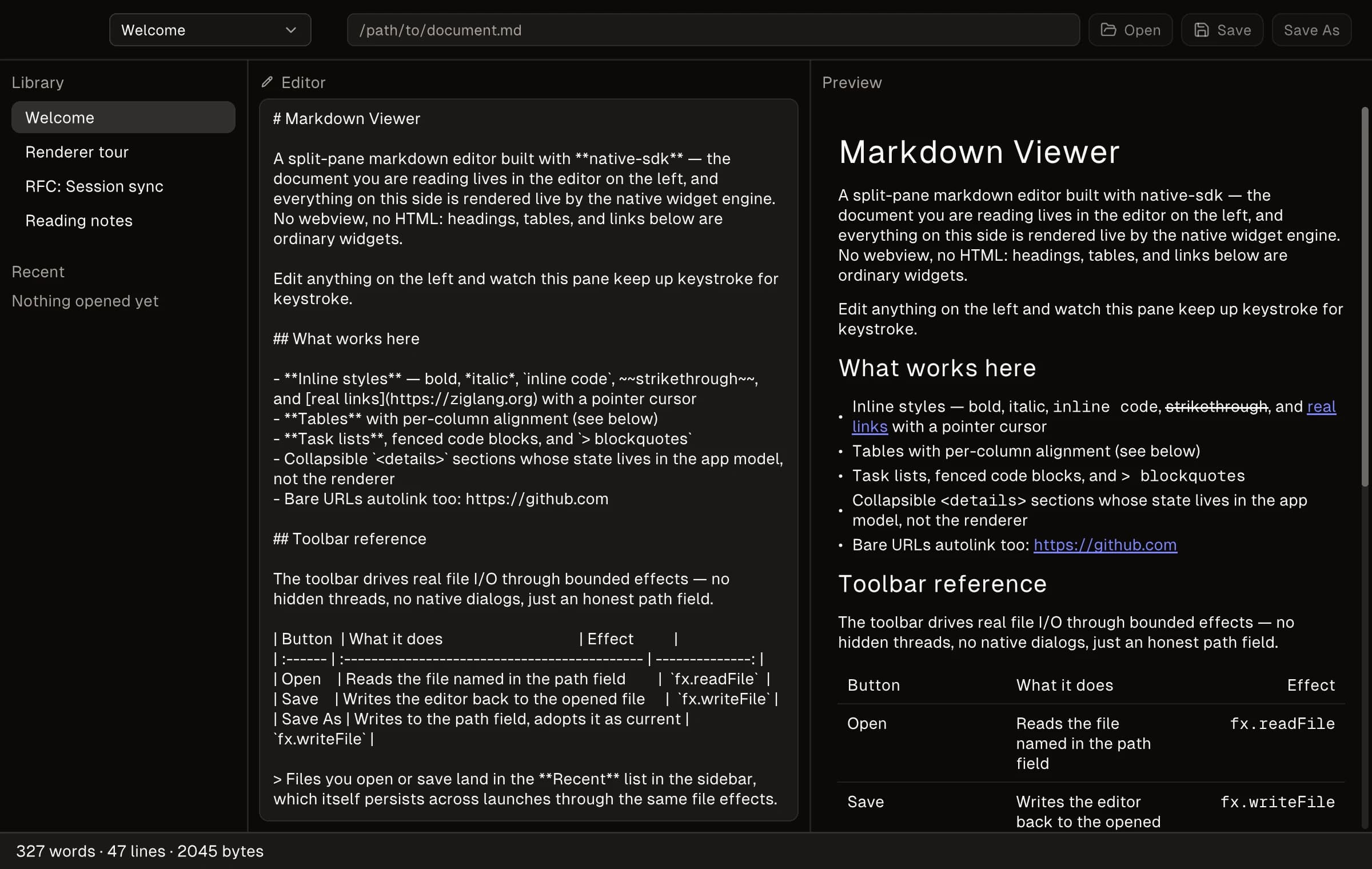 The Markdown Viewer example app rendered by the Native SDK engine (dark theme)