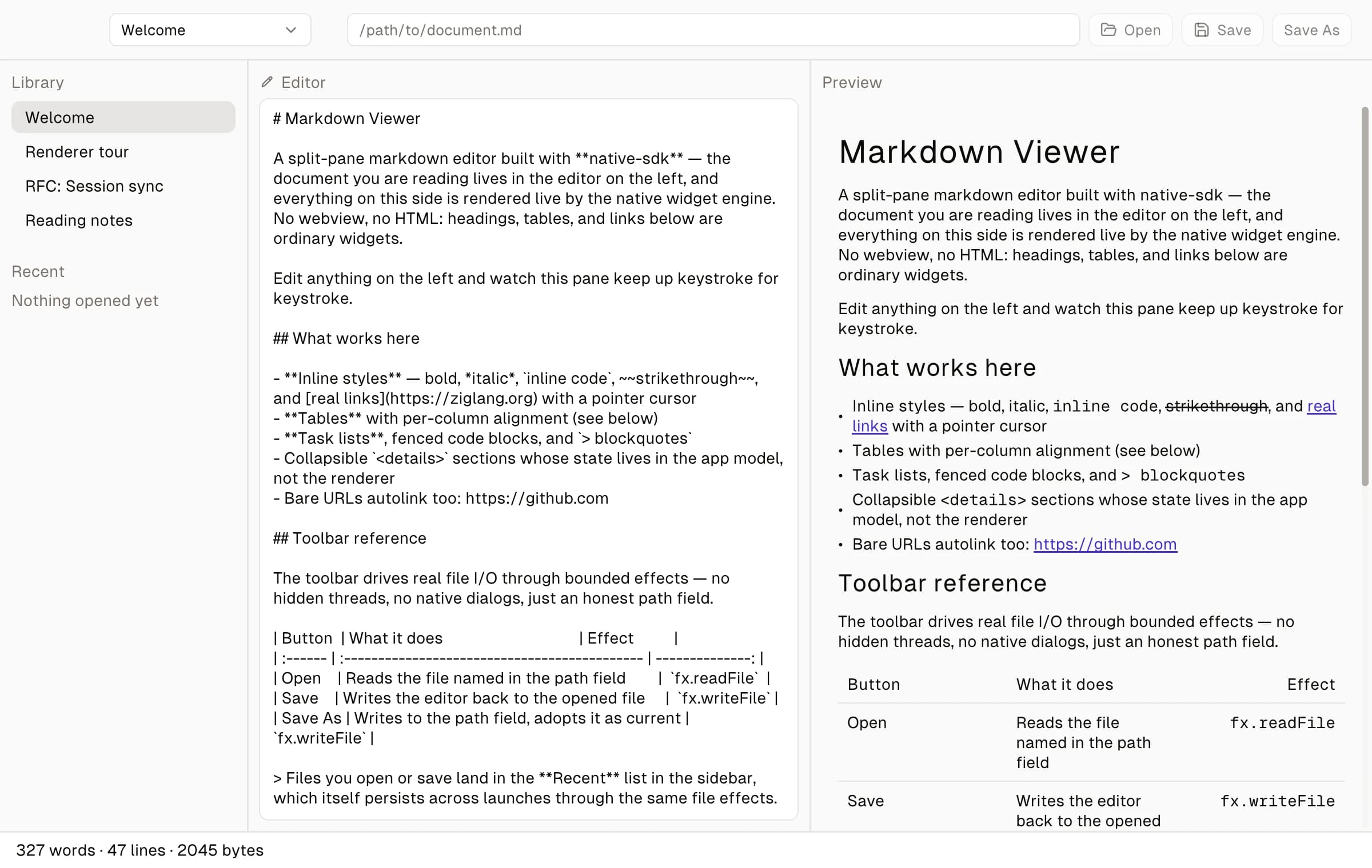 The Markdown Viewer example app rendered by the Native SDK engine (light theme)