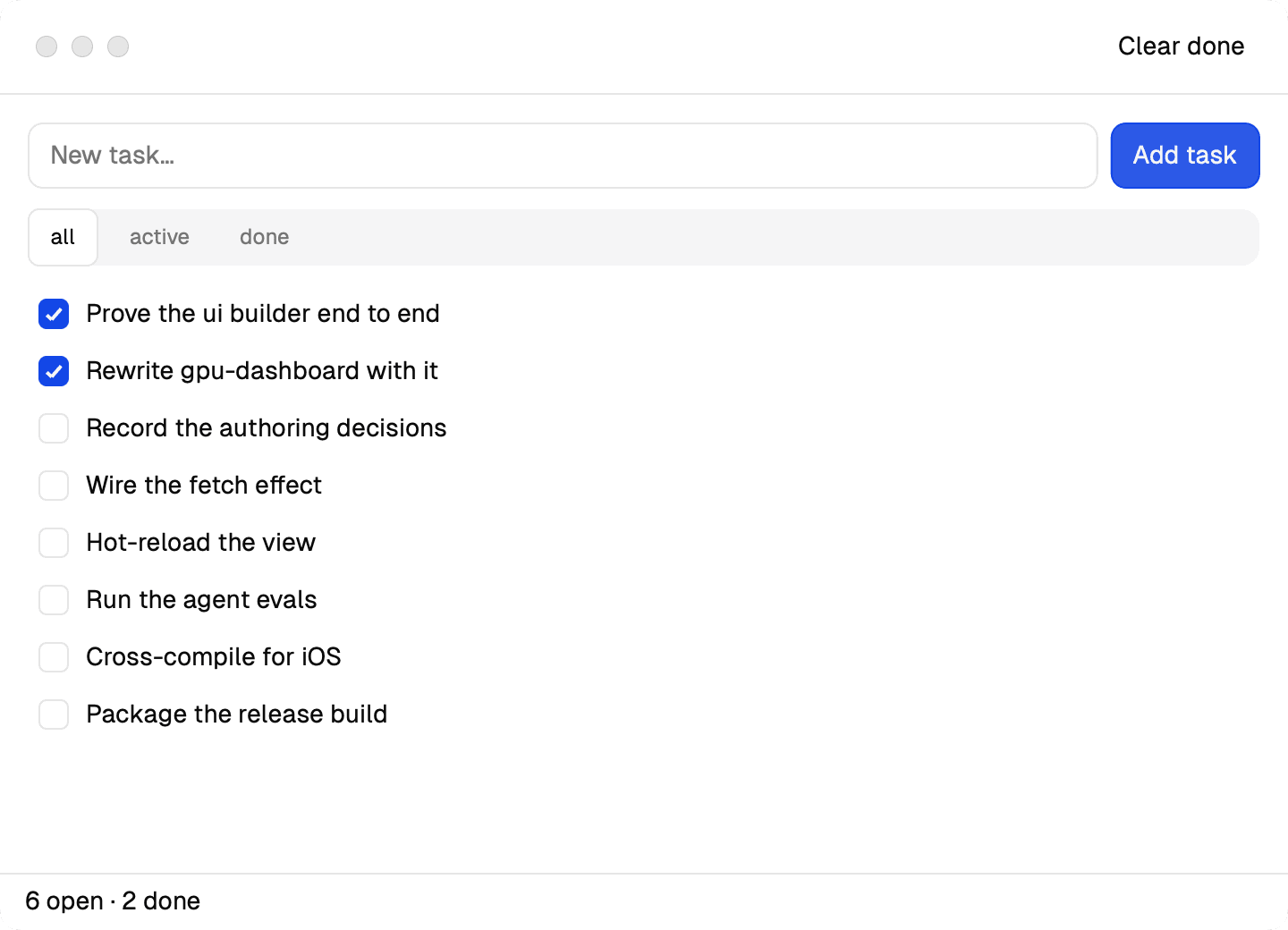 The ui-inbox example app running in a native macOS window: the window controls share the header band with a Clear done action, above a text field, filter tabs, a checklist of tasks, and a status bar