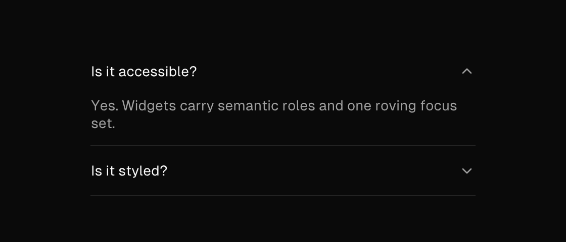 Open and closed accordion items rendered by the engine (dark theme)