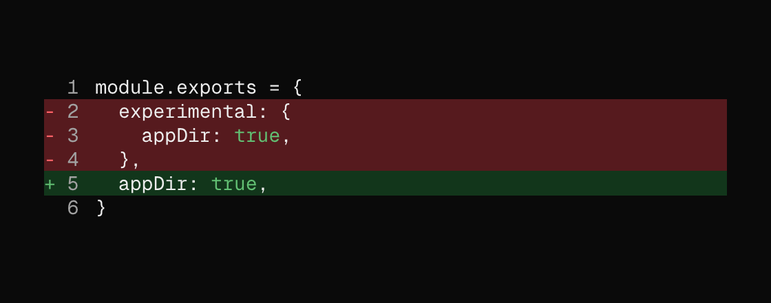 A JavaScript configuration diff with green added and red removed lines (dark theme)