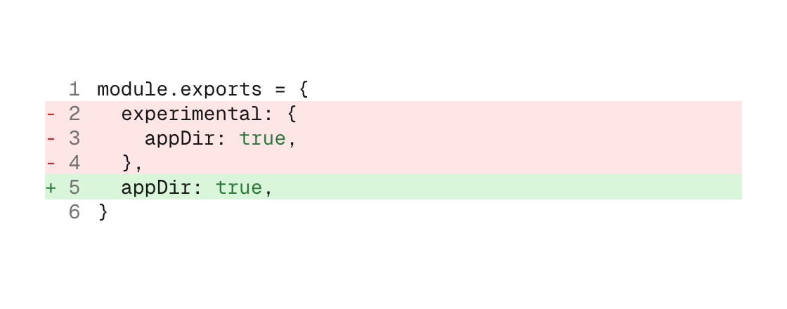 A JavaScript configuration diff with green added and red removed lines (light theme)