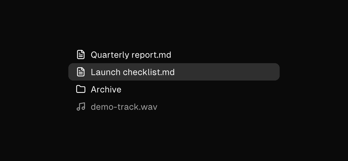 A list with icons, a selected row, and a disabled row rendered by the engine (dark theme)