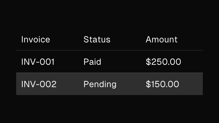 The Table component rendered by the engine (dark theme)