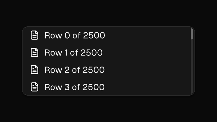 The Virtual List component rendered by the engine (dark theme)